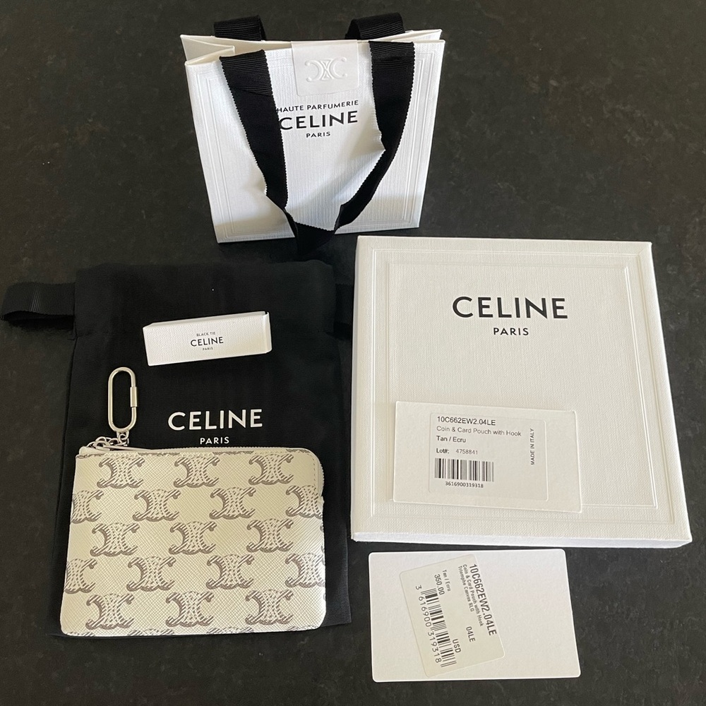 CELINE Coin and Card Pouch with Hook Triomphe Canvas Tan/Ecru
